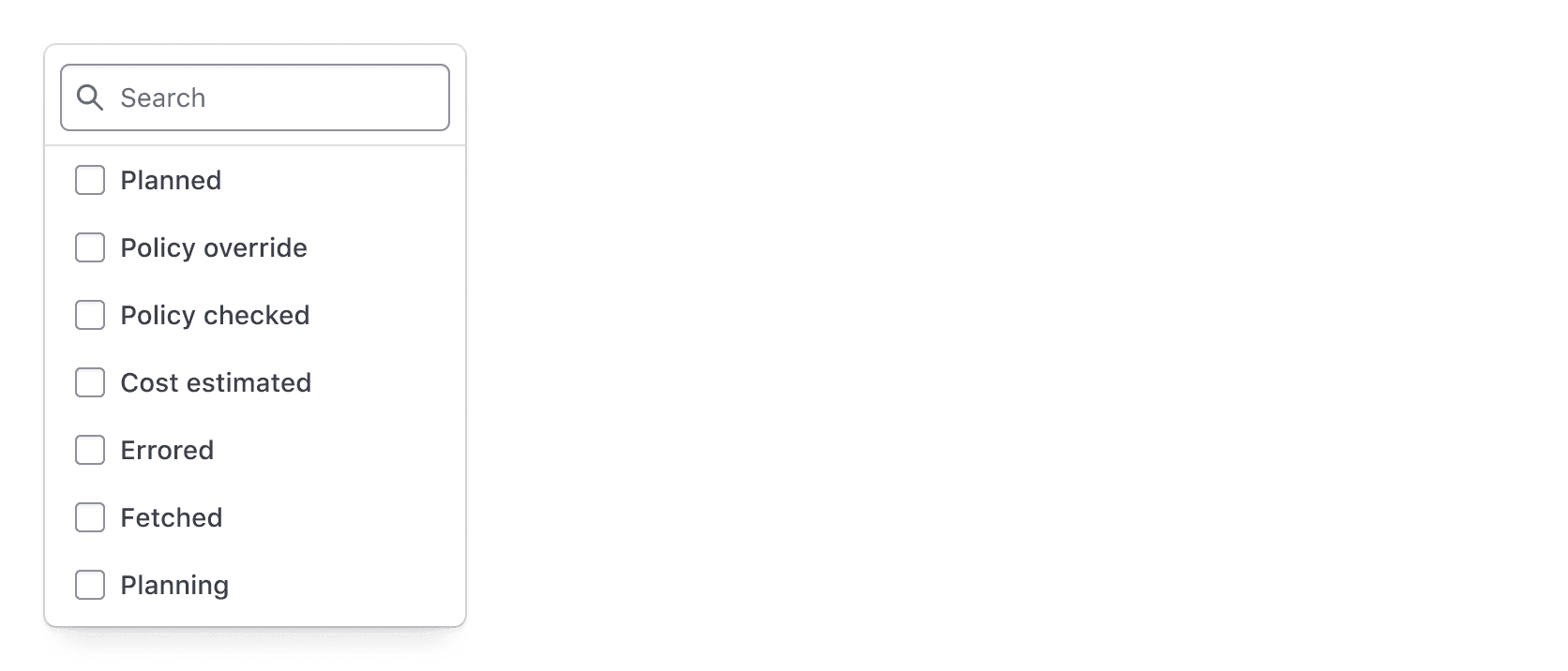 Dropdown menu with a header that includes a search field
